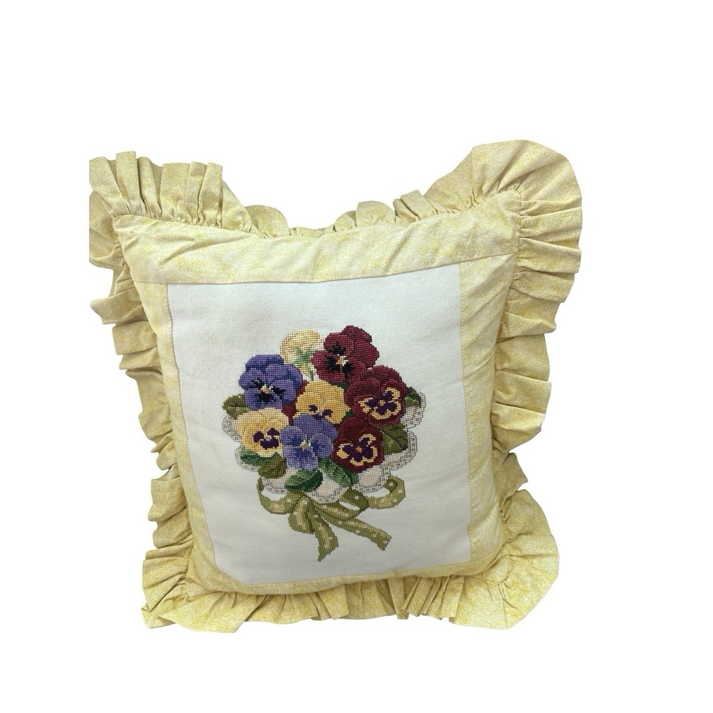 Vintage Handmade decorative‎ pillow needlepoint pansy ruffle yellow grandmacore